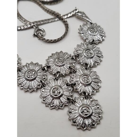 Vintage Floral Necklace Marked Sterling with Marcasite Accents 17 Inch - Picture 3 of 10
